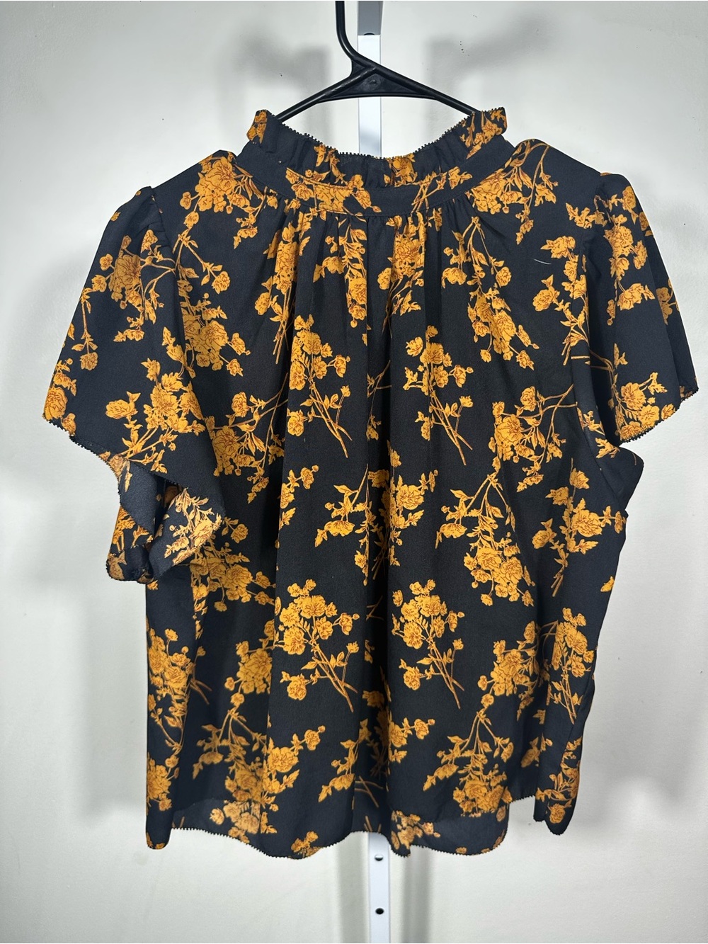 P81. THML Black Floral Smocked Neck Blouse with Mustard Print ptp 24”